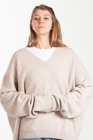 Natur Kaschmirpullover mit V-Ausschnitt